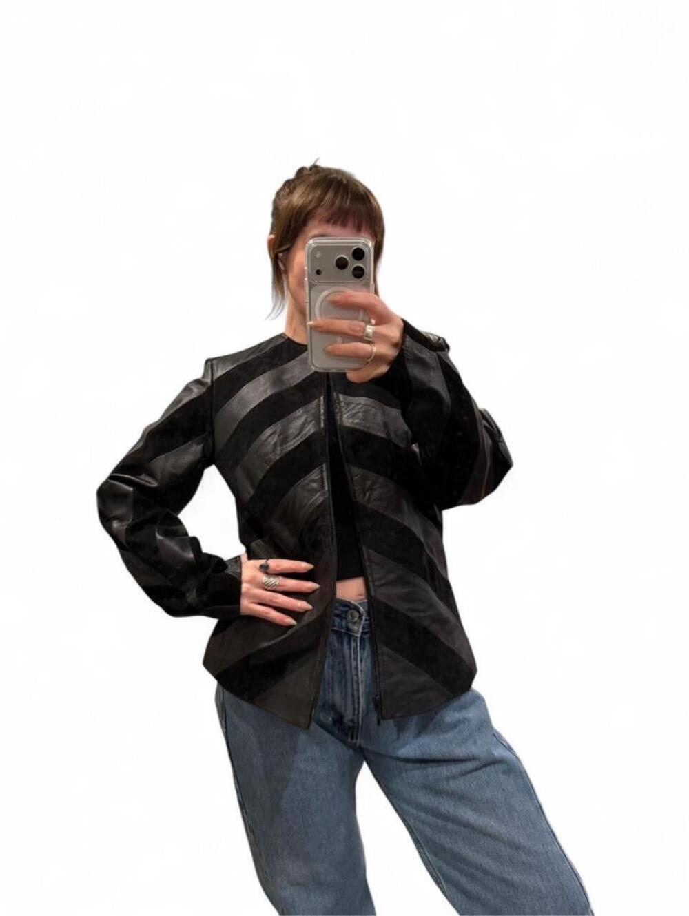 Vintage Black Leather Suede Chevron Jacket
